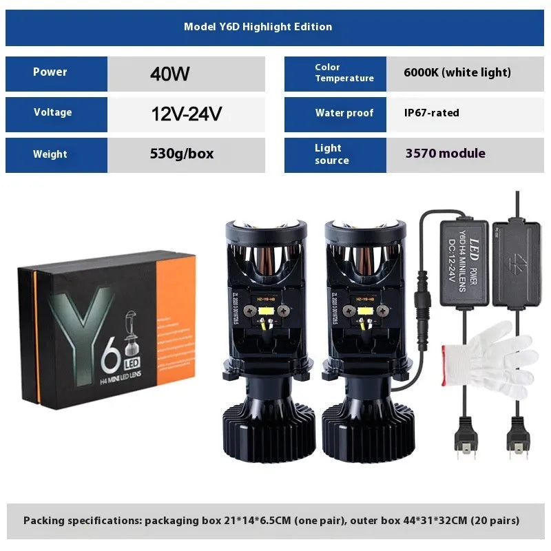 H4 far and near integrated LED headlight with aluminium alloy body and small lens, 12V IP65 rated