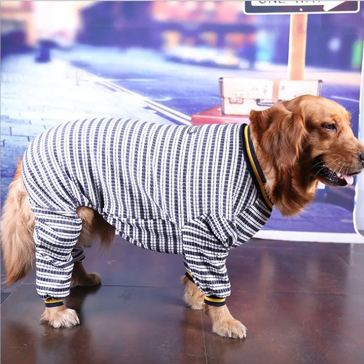 Cotton long sleeve dog shirt for medium and large dogs, sizes 30-36, blue or red, four-legged design.