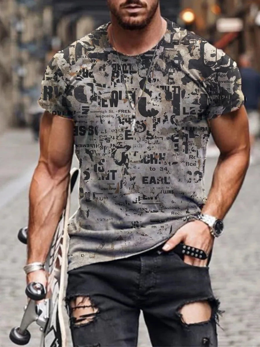 Men's loose fit short-sleeve T-shirt with a digital camouflage print on milk silk fabric.