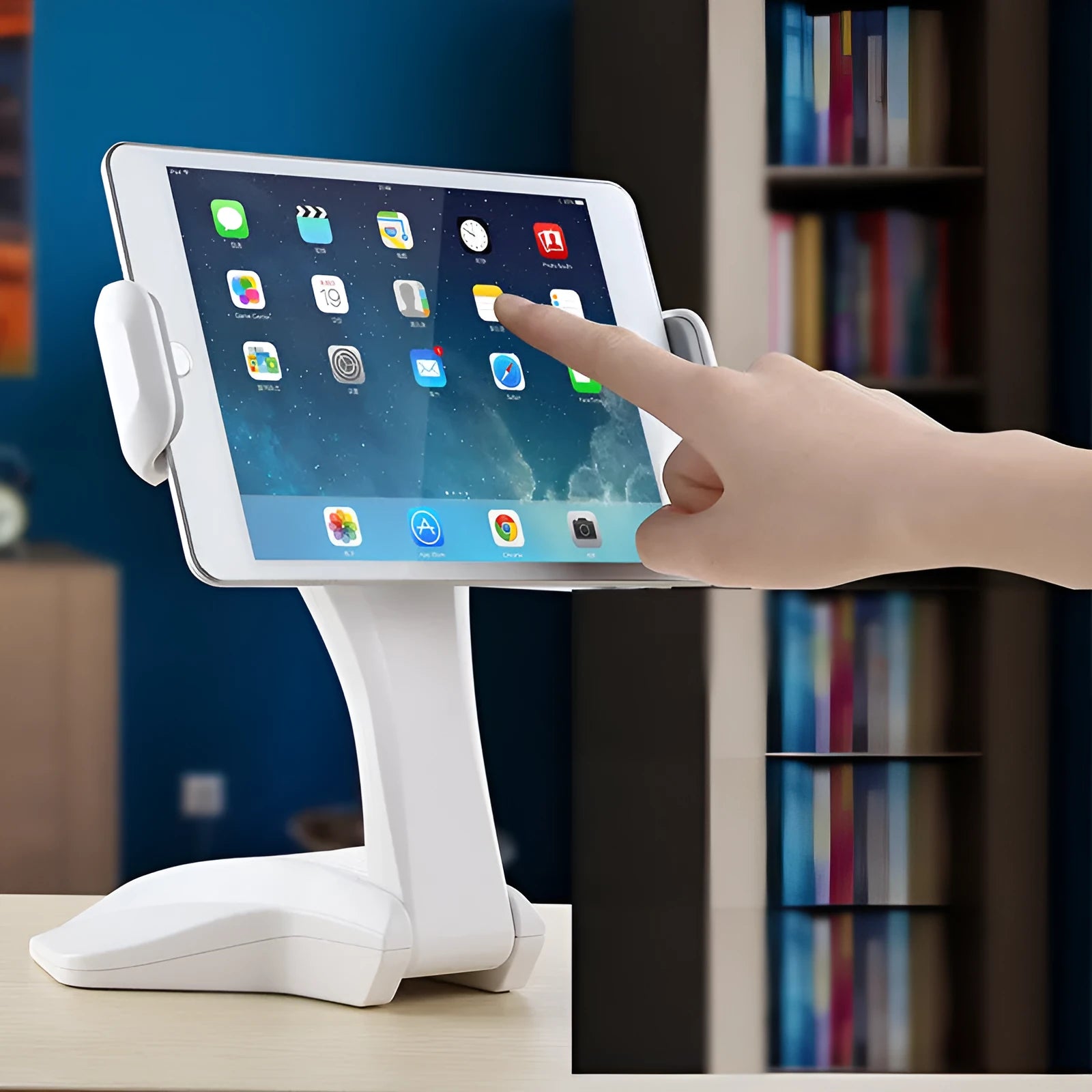 White adjustable tablet lazy support rack showing clip width adjustment mechanism