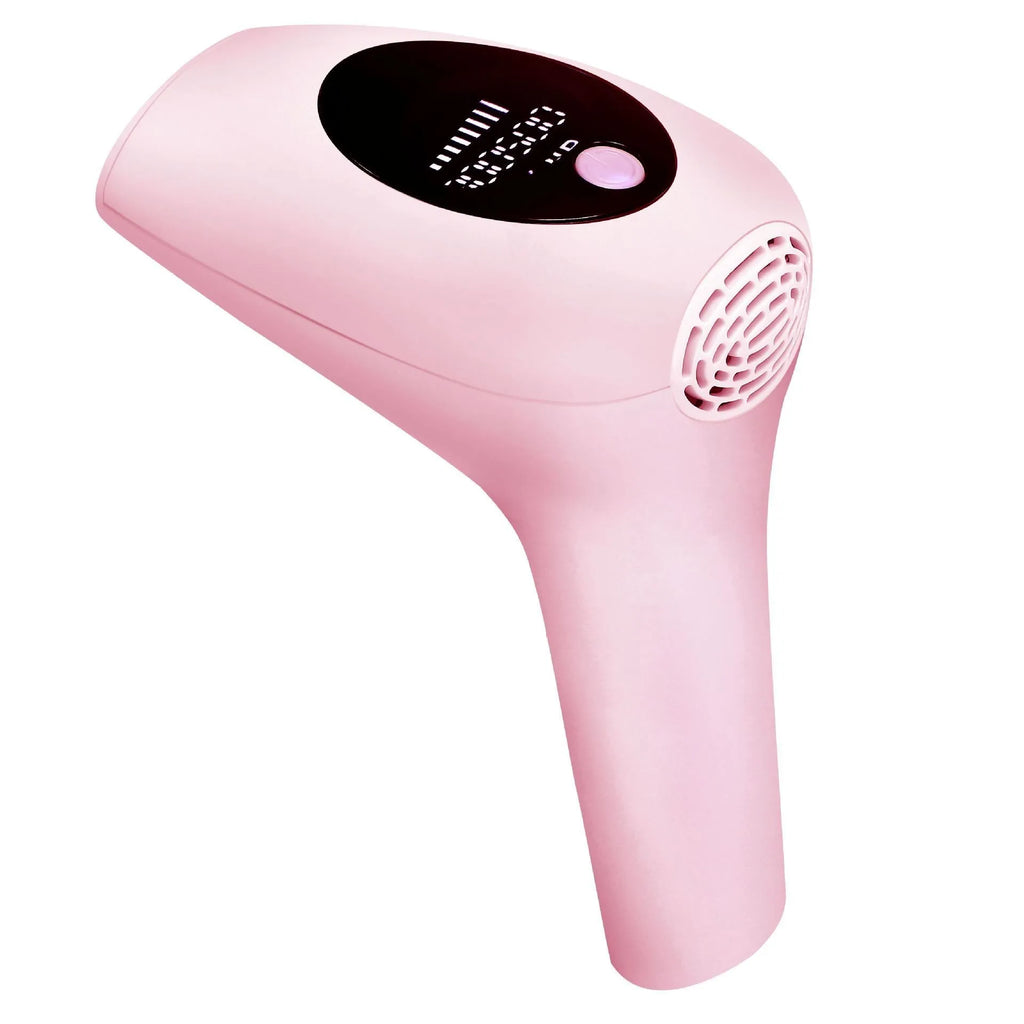 Compact laser hair removal device with 999999 flashes and 1-8 power levels, shown in green, with skin rejuvenation and acne reduction features.