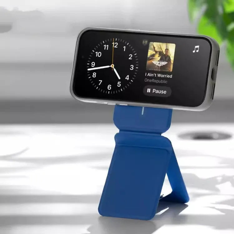 Multifunctional magnetic mobile phone holder and case in black showing dimensions and construction