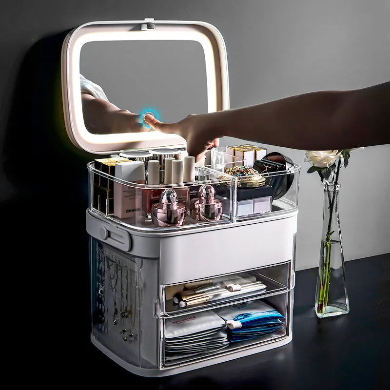 LED makeup organizer box with mirror and jewellery rack in PP and TPE, shown in apricot, grey, pink and white colour options