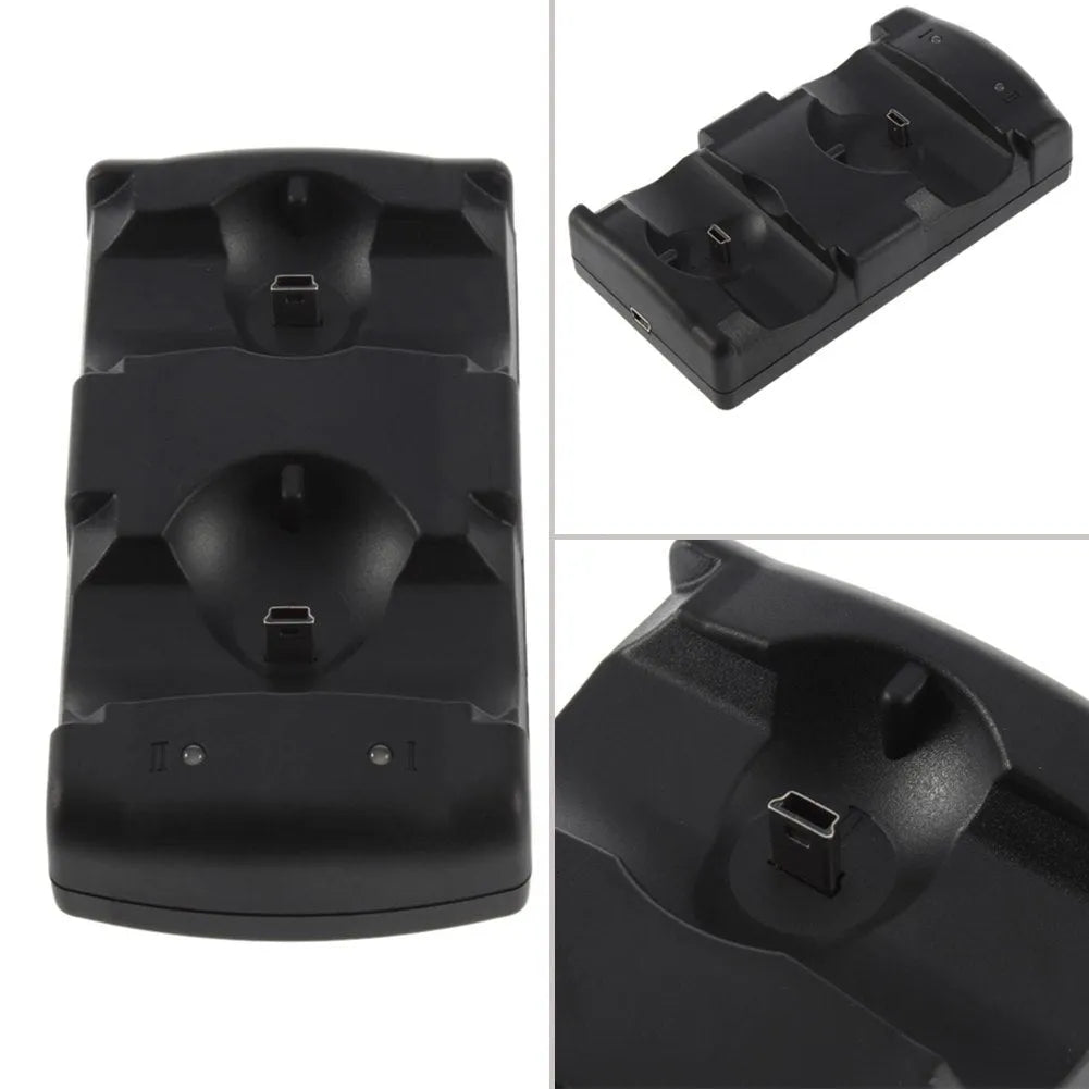 Black PlayStation 3 dual controller charging dock with USB cable on a white background.