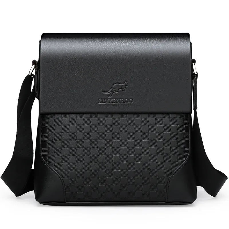 Men's cross-body chessboard vintage PU leather bag in black or dark brown with single strap and zip compartments.