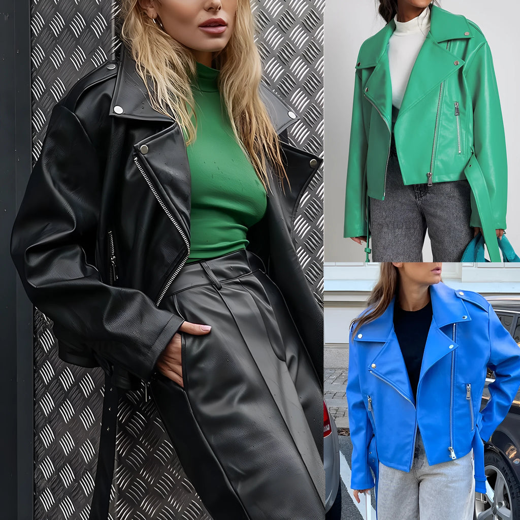 Punk-style short belt lapel jacket in polyester fibre leather, available in black, blue, and green.