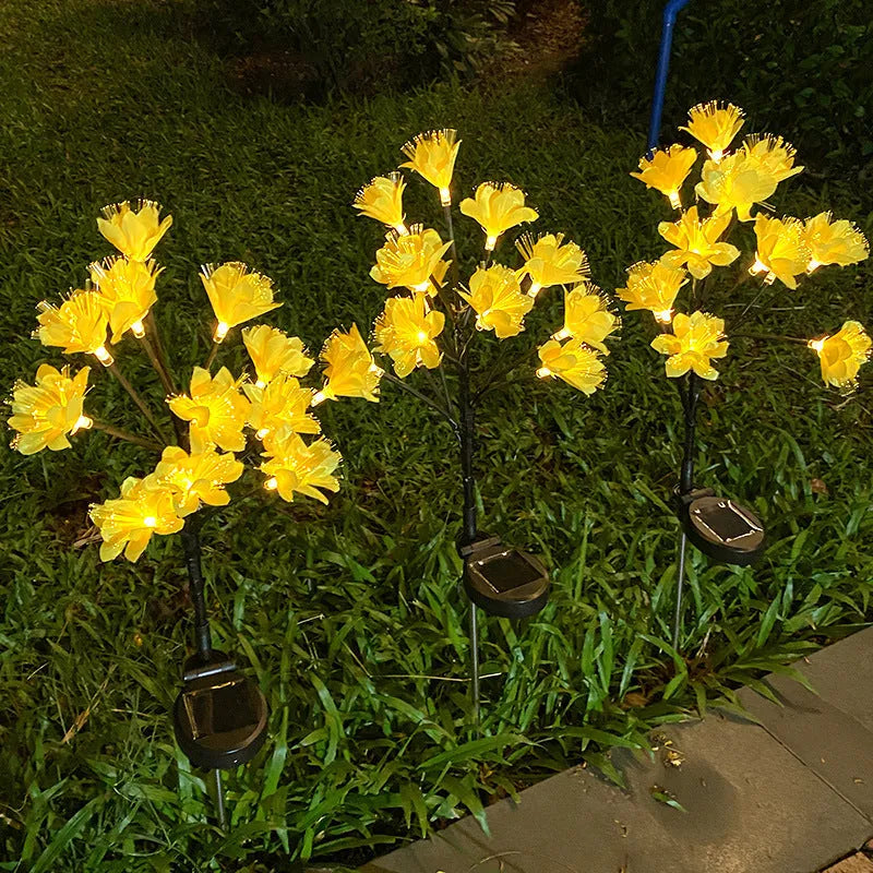 Solar LED camellia lawn lamp in pink or yellow, 720mm tall, IP65 outdoor garden light
