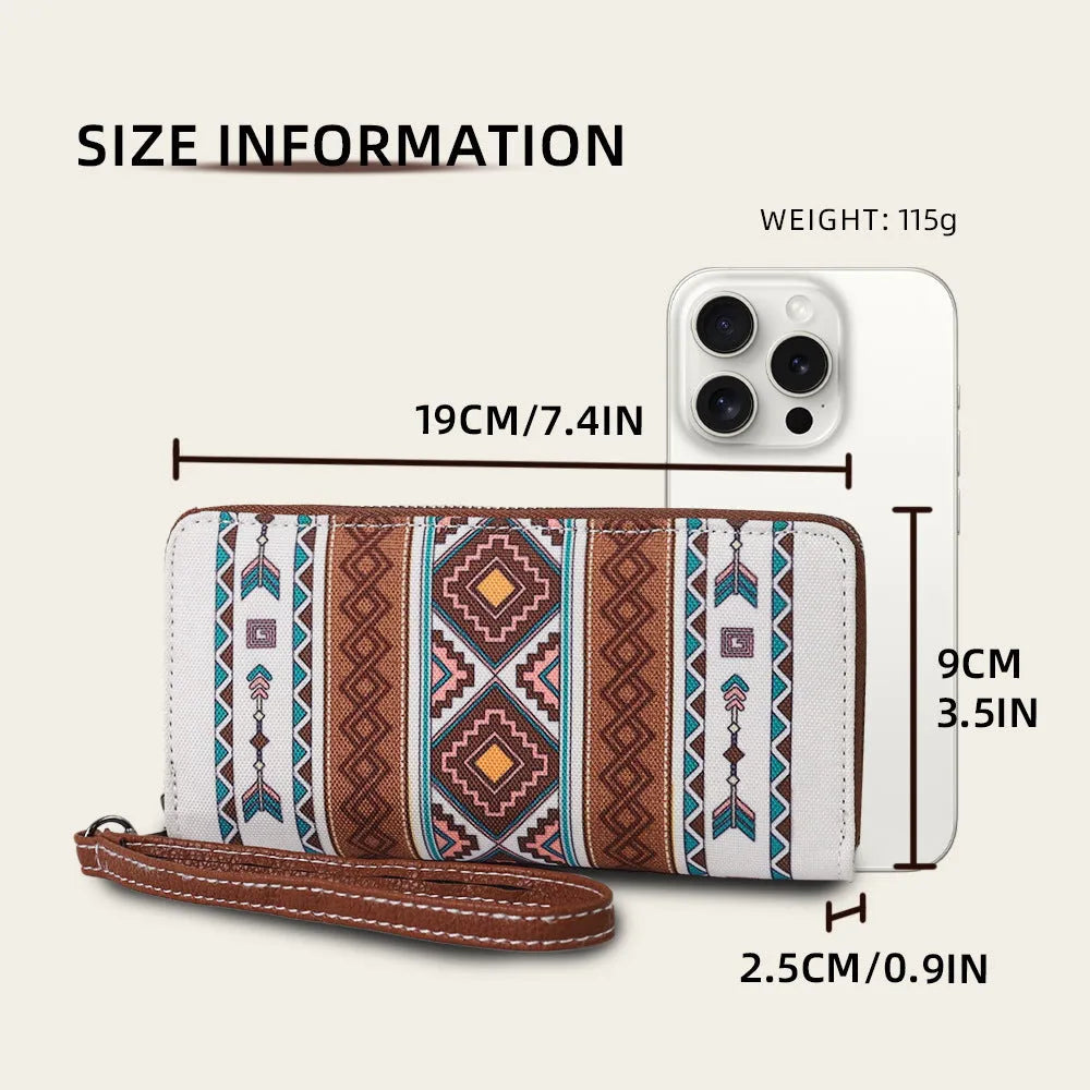 Bohemian striped canvas RFID wallet showing anti-theft card protection features