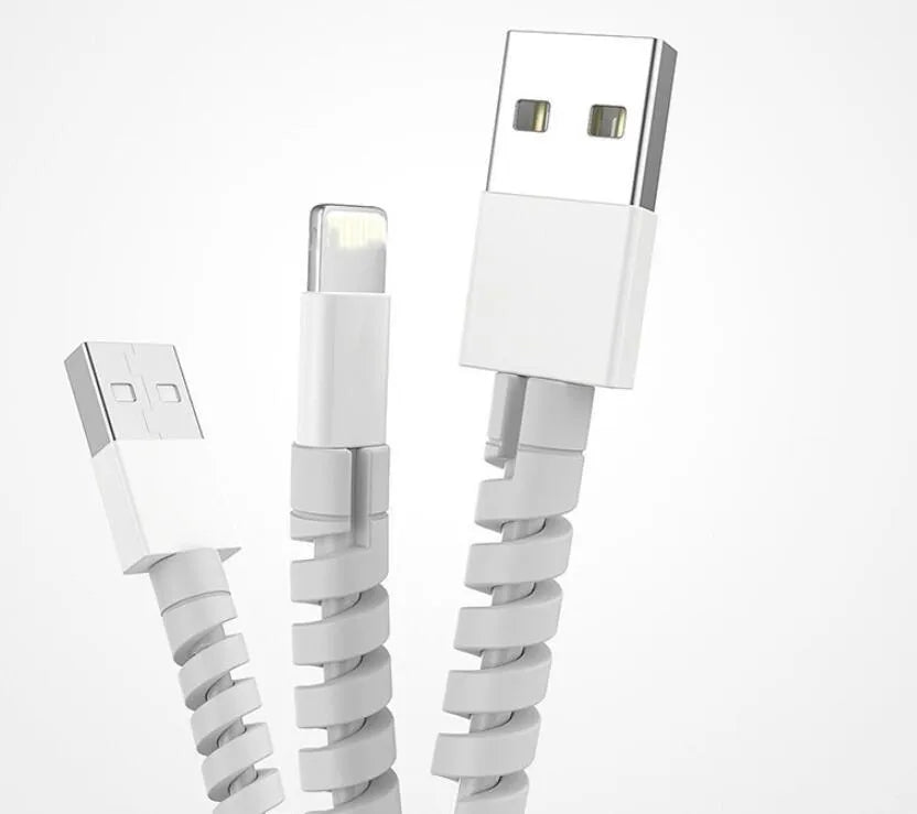 Plastic charging cable protector, 3.5cm long, shown in multiple colour options.