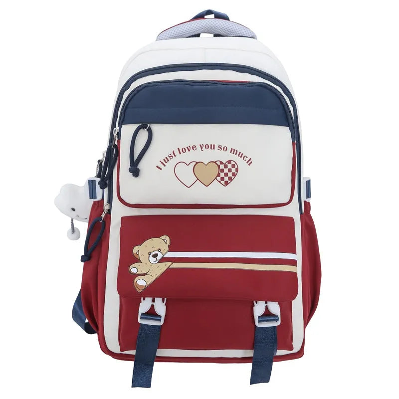 Nylon burden alleviation backpack for girls in pink long leg cloud design with outer sandwich pocket and stitching details