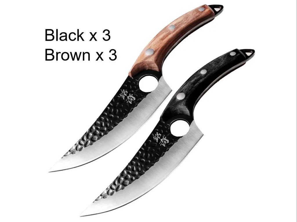 Forged boning knife set with curved scimitar blade and leather sheath on a dark surface.