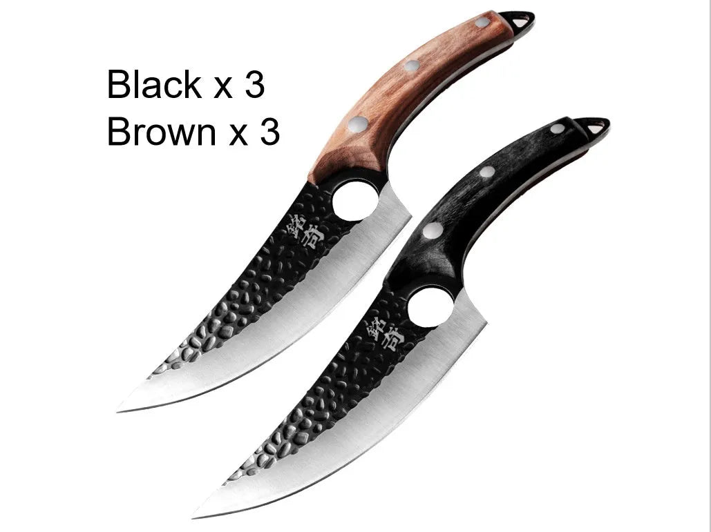 Forged boning knife set with curved scimitar blade and leather sheath on a dark surface.