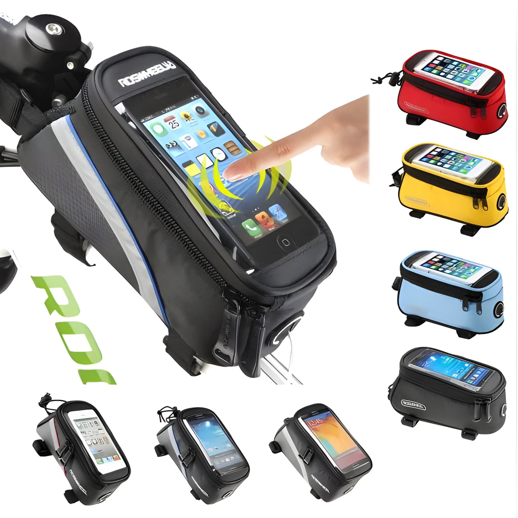 ROSWHEEL black bicycle frame bag mounted on bike frame holding mobile phone