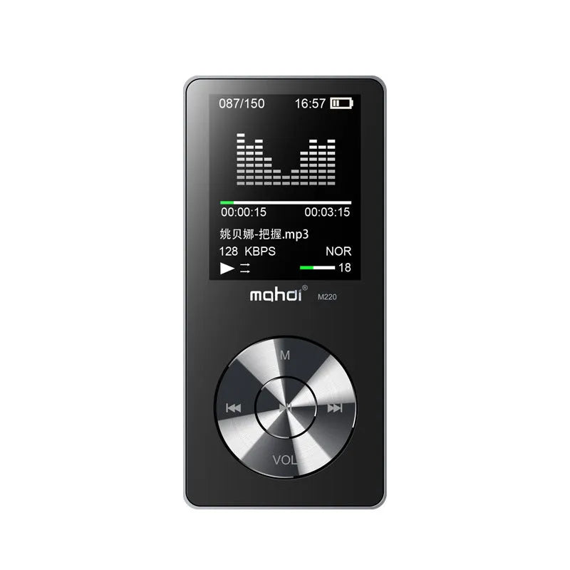 Compact gold metal MP3 player with a 1.8-inch screen showing a music menu.