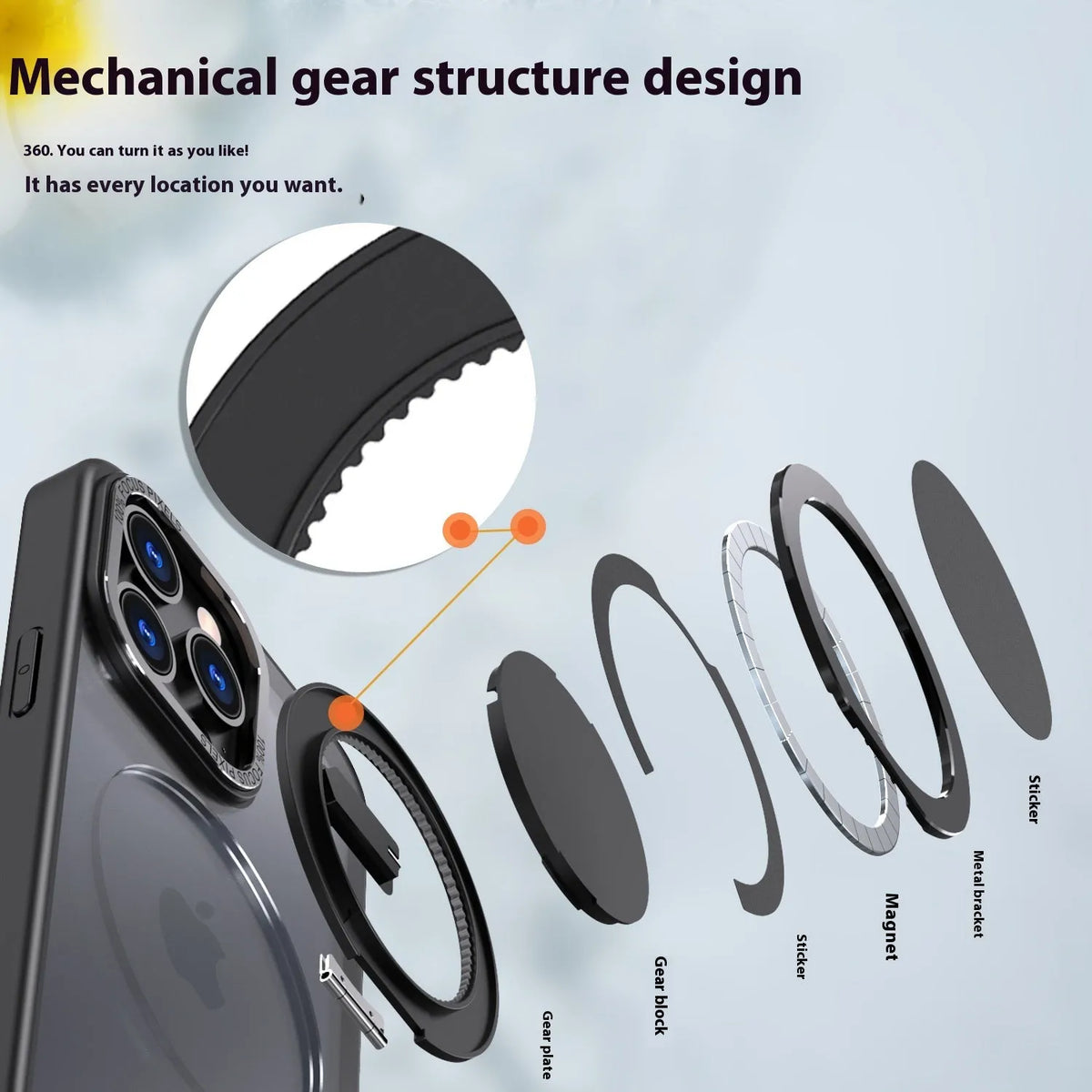Gear rotating 360 bracket phone case for iPhone 13 in black with frosted back and bracket extended