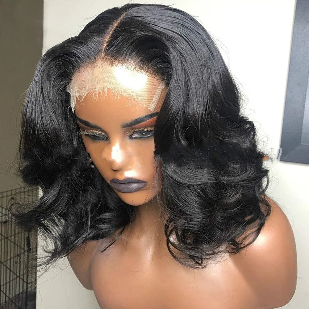 Front lace big wave wig in black high temperature silk with centre part and lace mesh cap