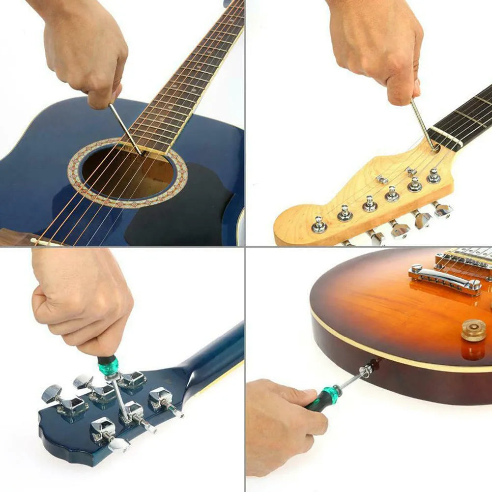 Black plastic case for a guitar repair tool kit, shown with dimensions 200mm by 100mm.