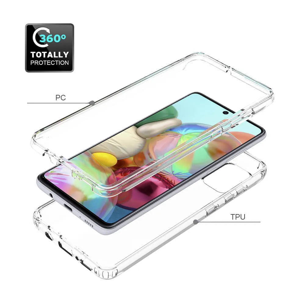 Transparent anti-drop phone case for Samsung Galaxy smartphones showing PC and TPU construction