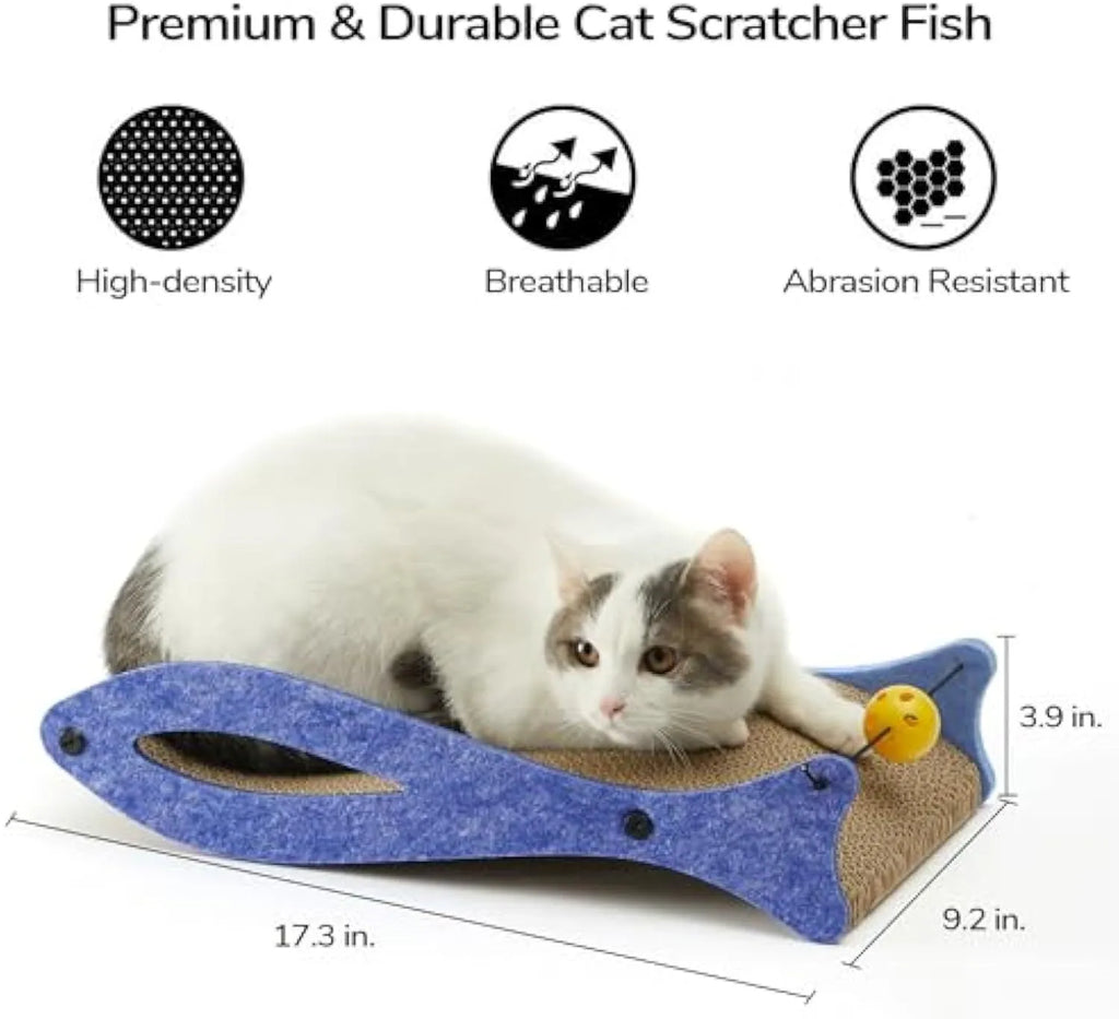 Blue fish-shaped cardboard cat scratcher with bell toys on elastic cord, measuring 46x25x10cm