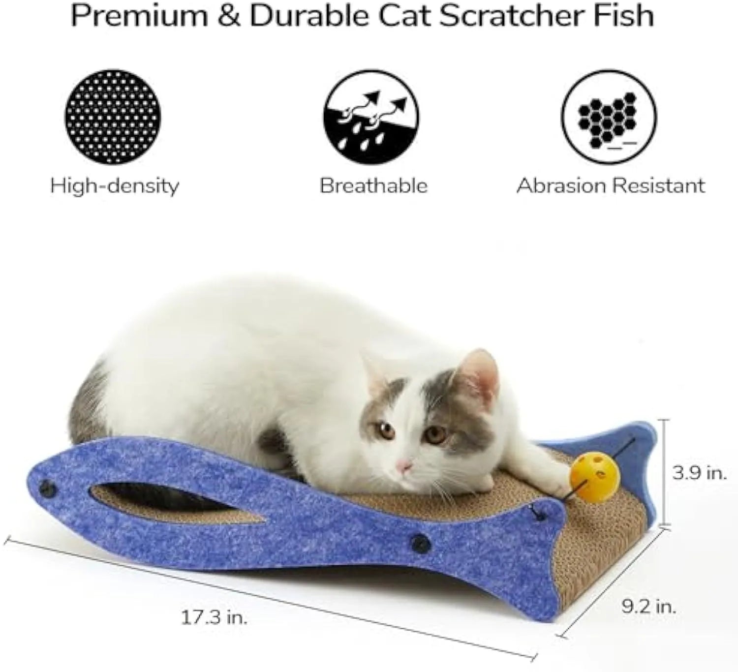 Blue fish-shaped cardboard cat scratcher with bell toys on elastic cord, measuring 46x25x10cm