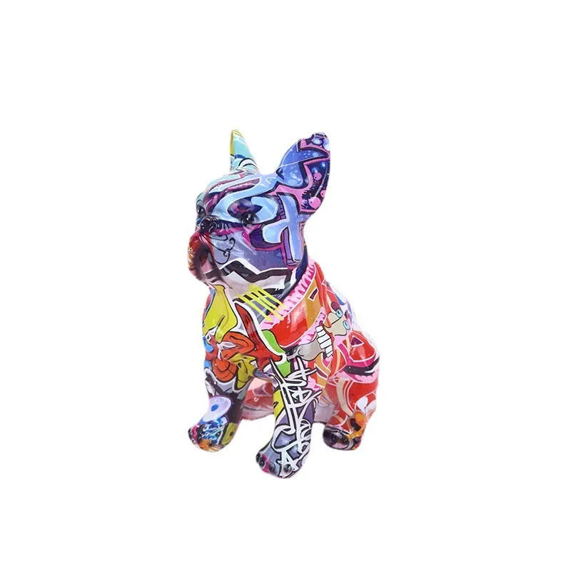 Modern graffiti-colour French bulldog resin statue on a shelf.