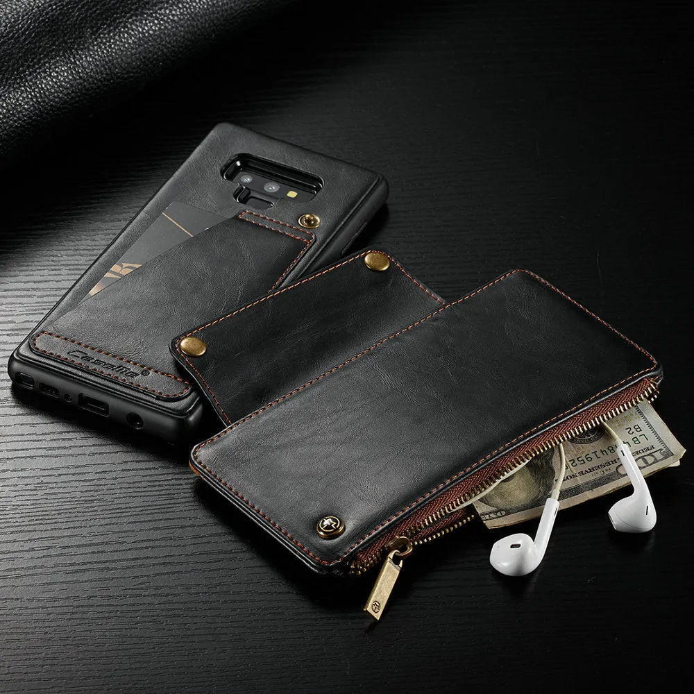 Black PU leather flip phone case for Samsung Galaxy Note 9 showing front and back.