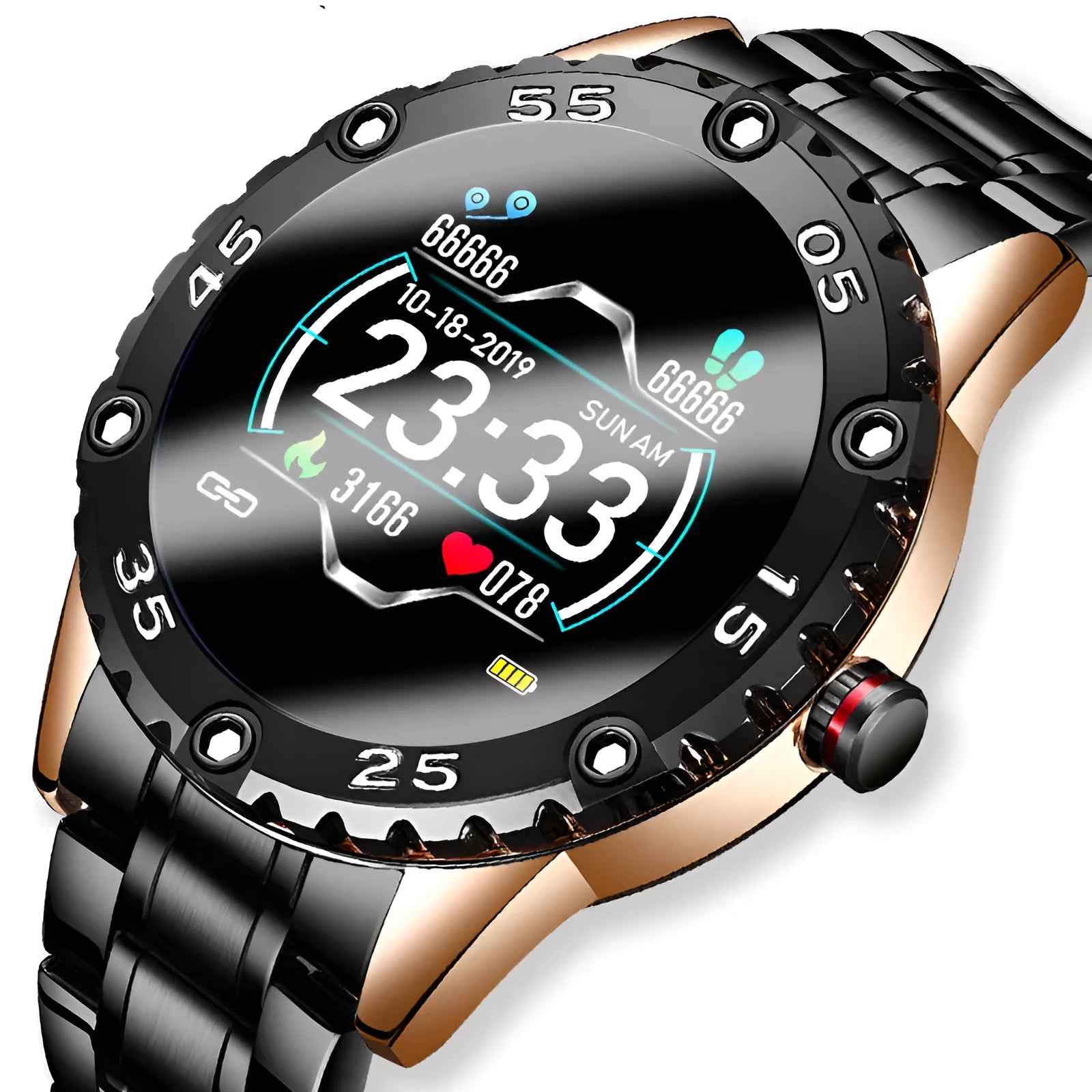 Multifunctional waterproof pedometer watch with stainless steel strap and number display in black