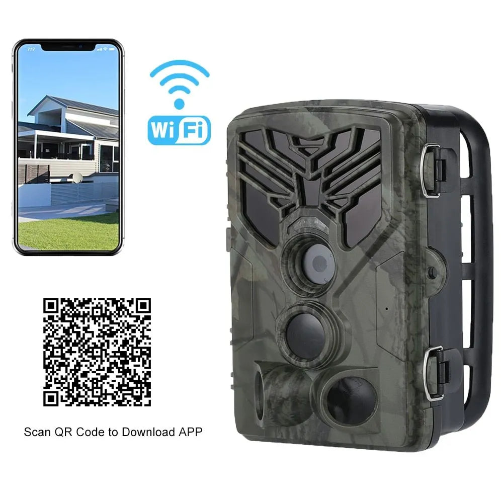 WiFi830 hunting camera with camouflage design showing display screen and lens