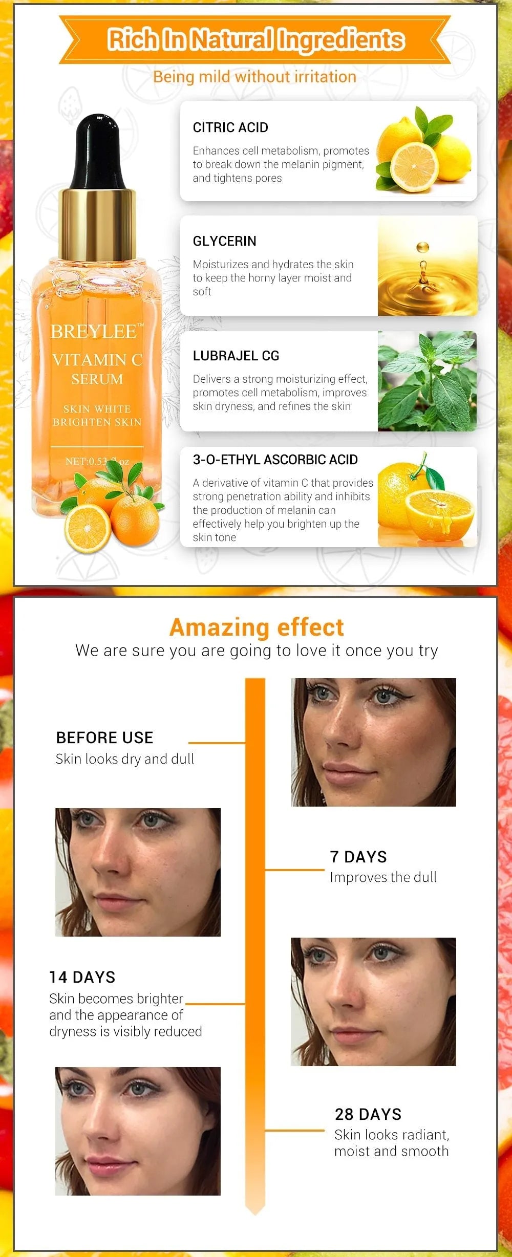 Vitamin C whitening face serum in 15ml bottle with purple or red packaging for brightening skin and fading dark spots