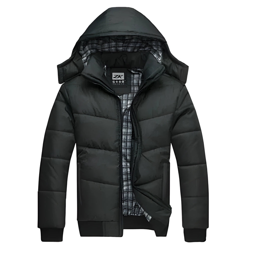 Men's winter parka coat in black with detachable hood, loose heavyweight fit, shown from front
