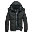 Men's winter parka coat in black with detachable hood, loose heavyweight fit, shown from front