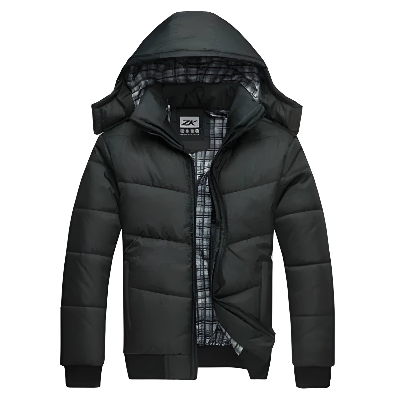 Men's winter parka coat in black with detachable hood, loose heavyweight fit, shown from front
