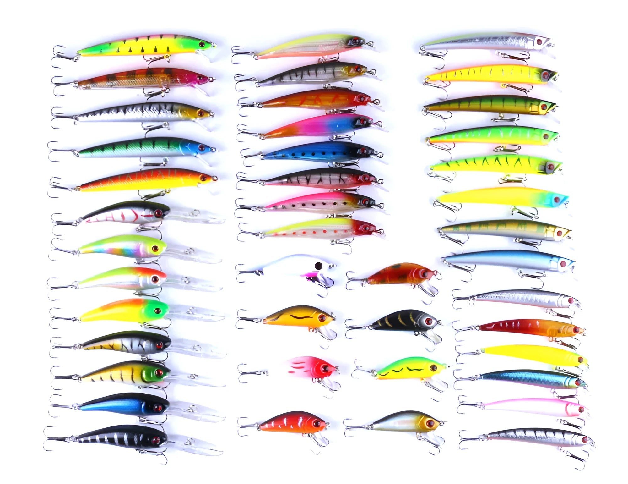 43-piece portable fishing gear set with plastic bait lures in green, blue black, and silver colours including 20cm baits