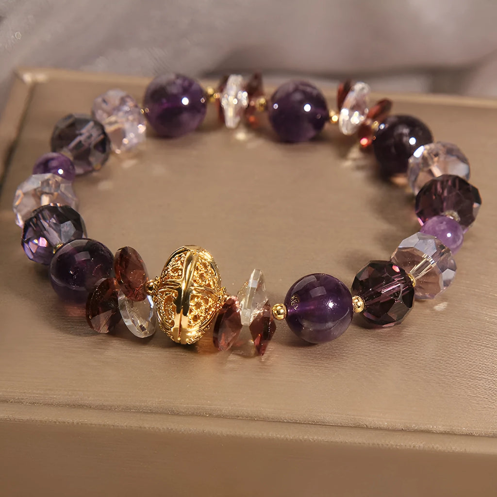 Purple crystal bracelet with pumpkin beads and wind chime lucky charms for women