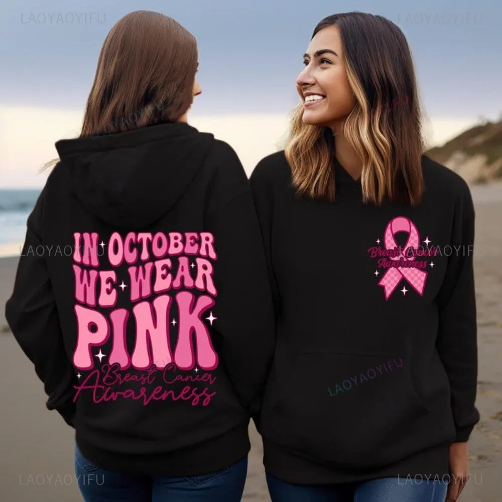 Breast Cancer Awareness hoodie with retro pattern and side seam pocket in pink colour.