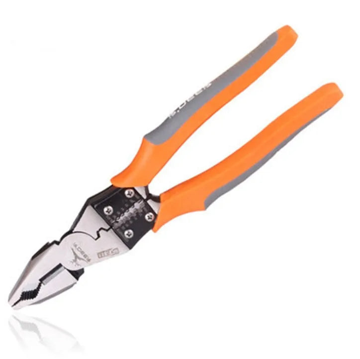 Orange handled 9 inch multi-function wire cutter pliers with alloy steel jaws.