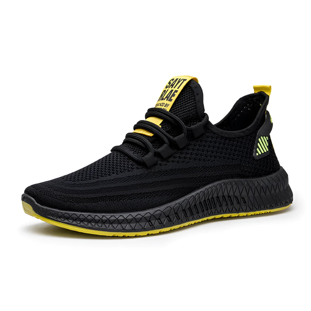 Men's flying woven sneakers with plastic sole, flat heel, round toe, in orange, white or yellow, sizes 39-44