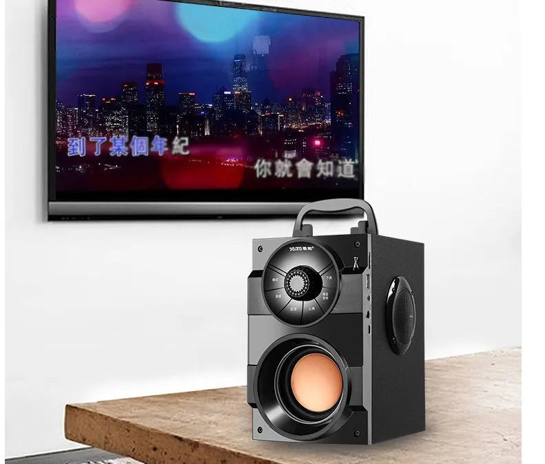Black portable mini home audio system with subwoofer, satellite speakers and 1.2 metre connection cable