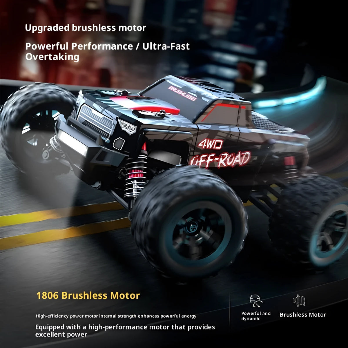 Four-wheel drive brushless remote control car in black with orange wheels on rough ground