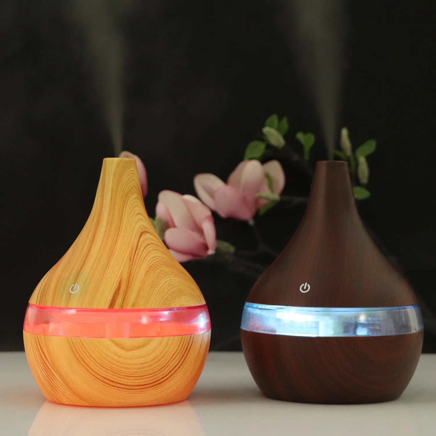 USB mini desktop air purifier and humidifier in wood grain finish for small rooms.