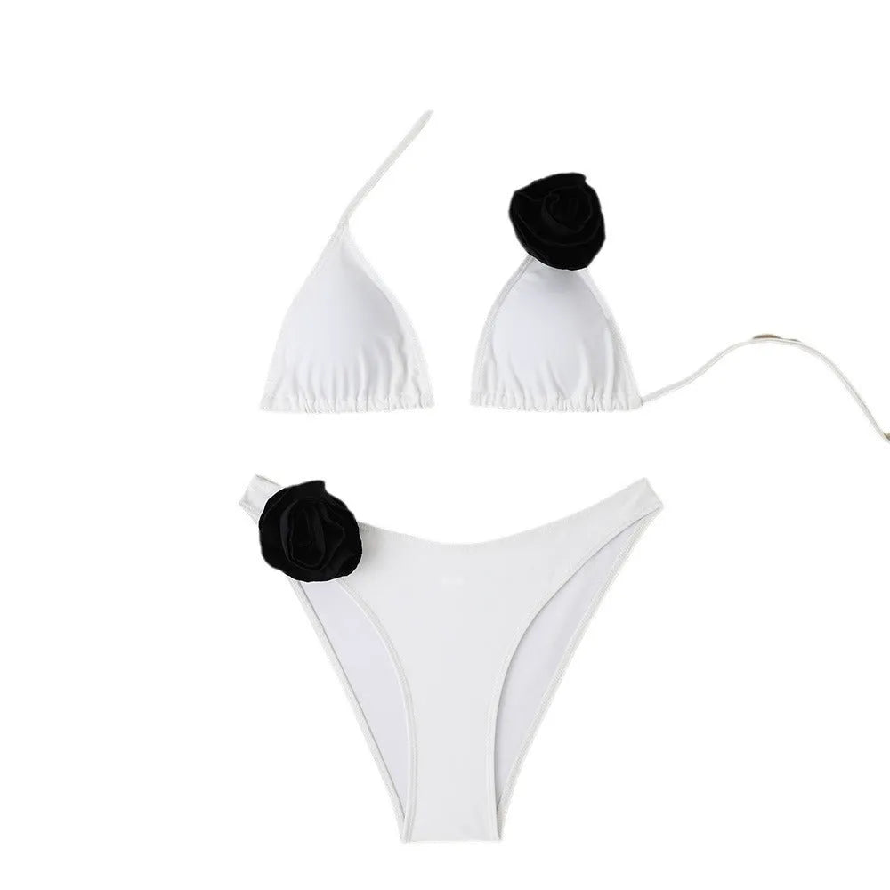 Women's white floral lace-up bikini swimsuit with adjustable triangle top and high-cut briefs