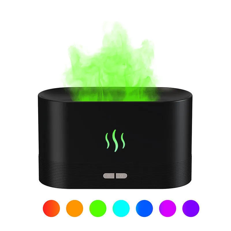 Square black ultrasonic aroma diffuser with flame light effect and water tank on a wooden table.