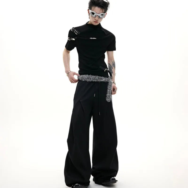 Men's slim fit black cotton short sleeve t-shirt with metal belt detail and stand-up collar.