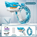 Blue Shark-shaped electric water gun toy with large tank on a summer beach.