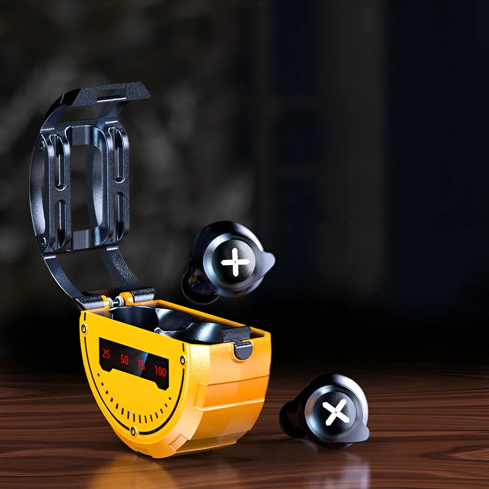 Wireless Bluetooth earphones in red, silver or yellow colours with charging case