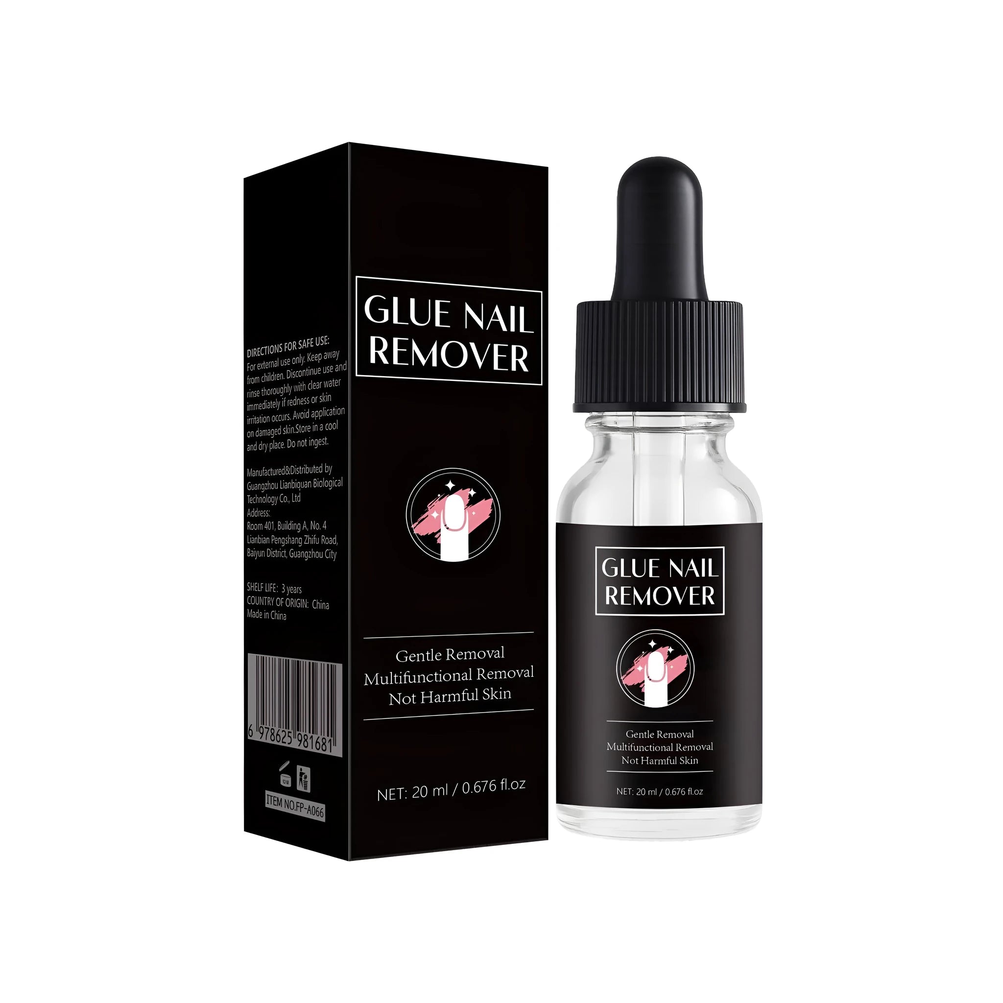 20ml bottle of FP-A066 nail glue remover appliance for UV and acrylic adhesives.