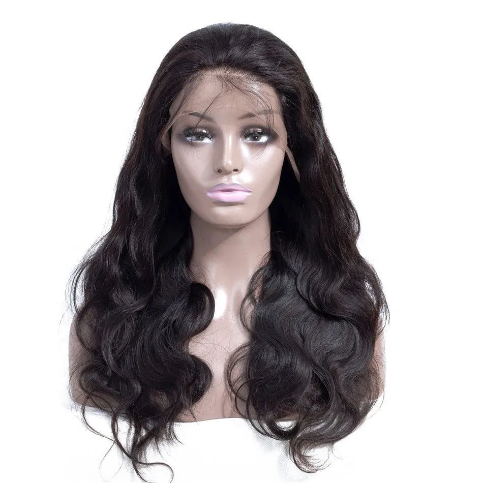 Lace front human hair wig in black, shown in a 16 inch length with natural hairline