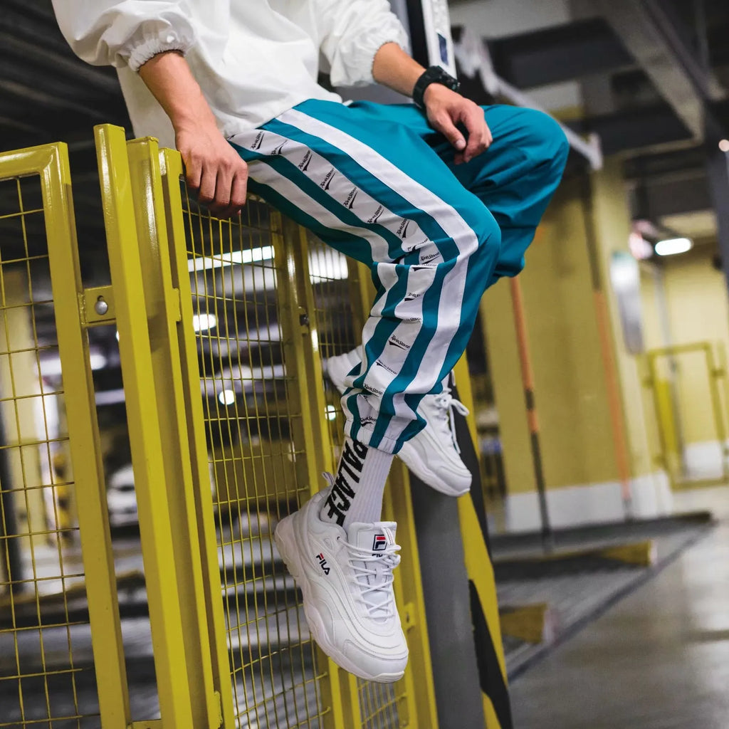 Cotton harem jogger with belt, stripe pattern, black blue nine length pants for men