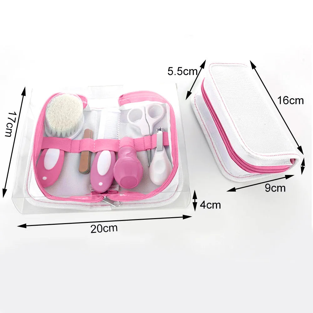 6-piece baby nail care and grooming set in a pink case with tools made from safe materials.
