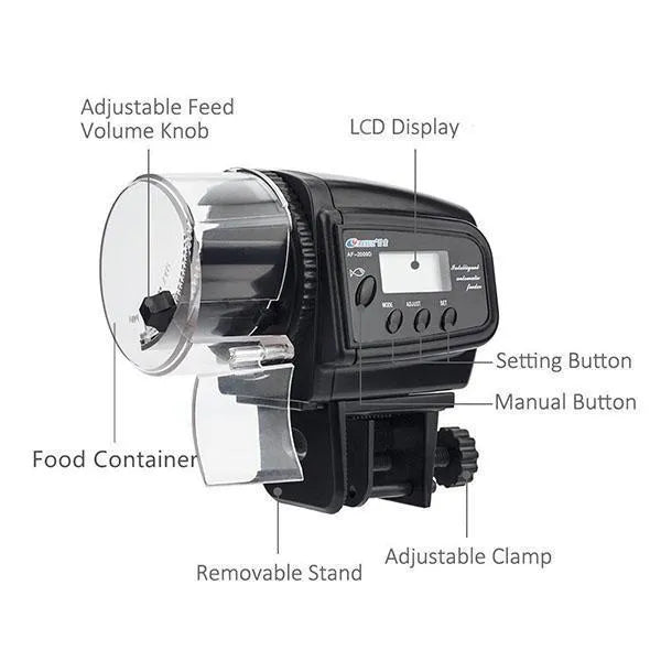 Black plastic digital automatic aquarium fish feeder, 110 x 100 x 68mm, with timer and battery compartment